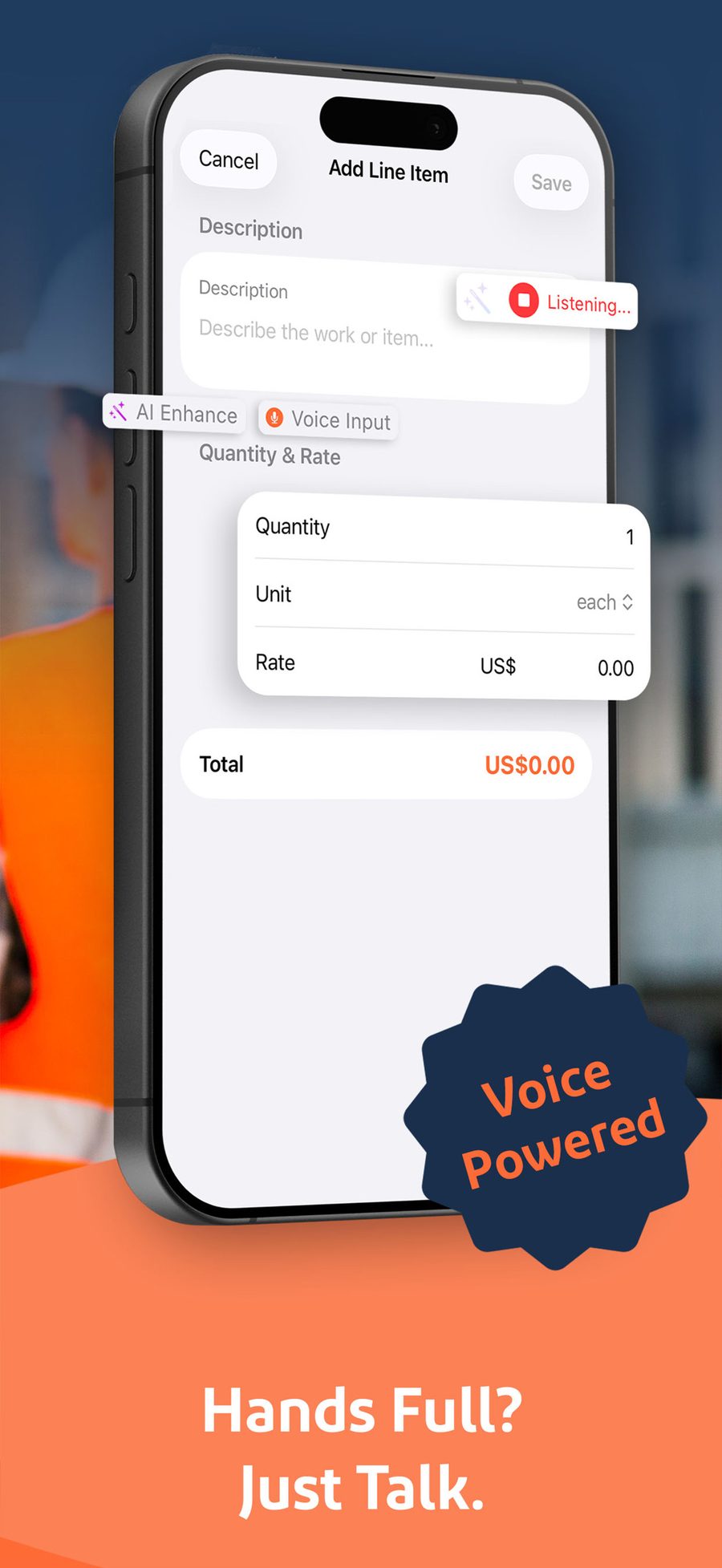 Contractor dictating an invoice line item by voice in the Toolbelt app