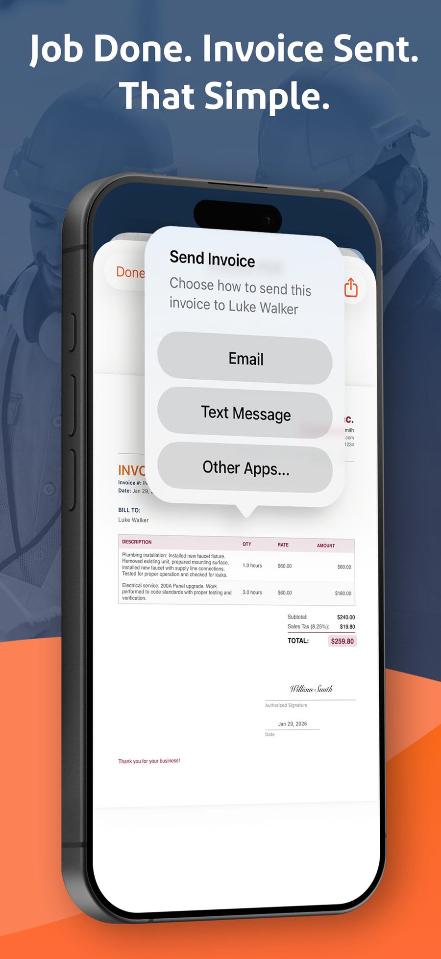 Sending a finished invoice to a client from the job site